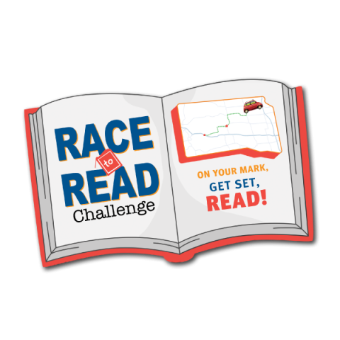 Race to Read Challenge Logo with a map of South Dakota. On your mark, get set, Read!