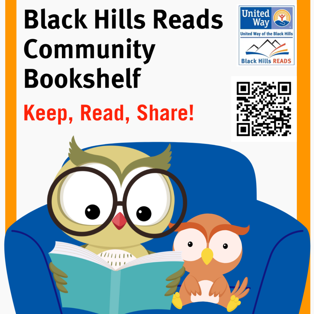 Illustration of two owls reading together for Black Hills Reads Community Bookshelf. Keep, Read, Share!